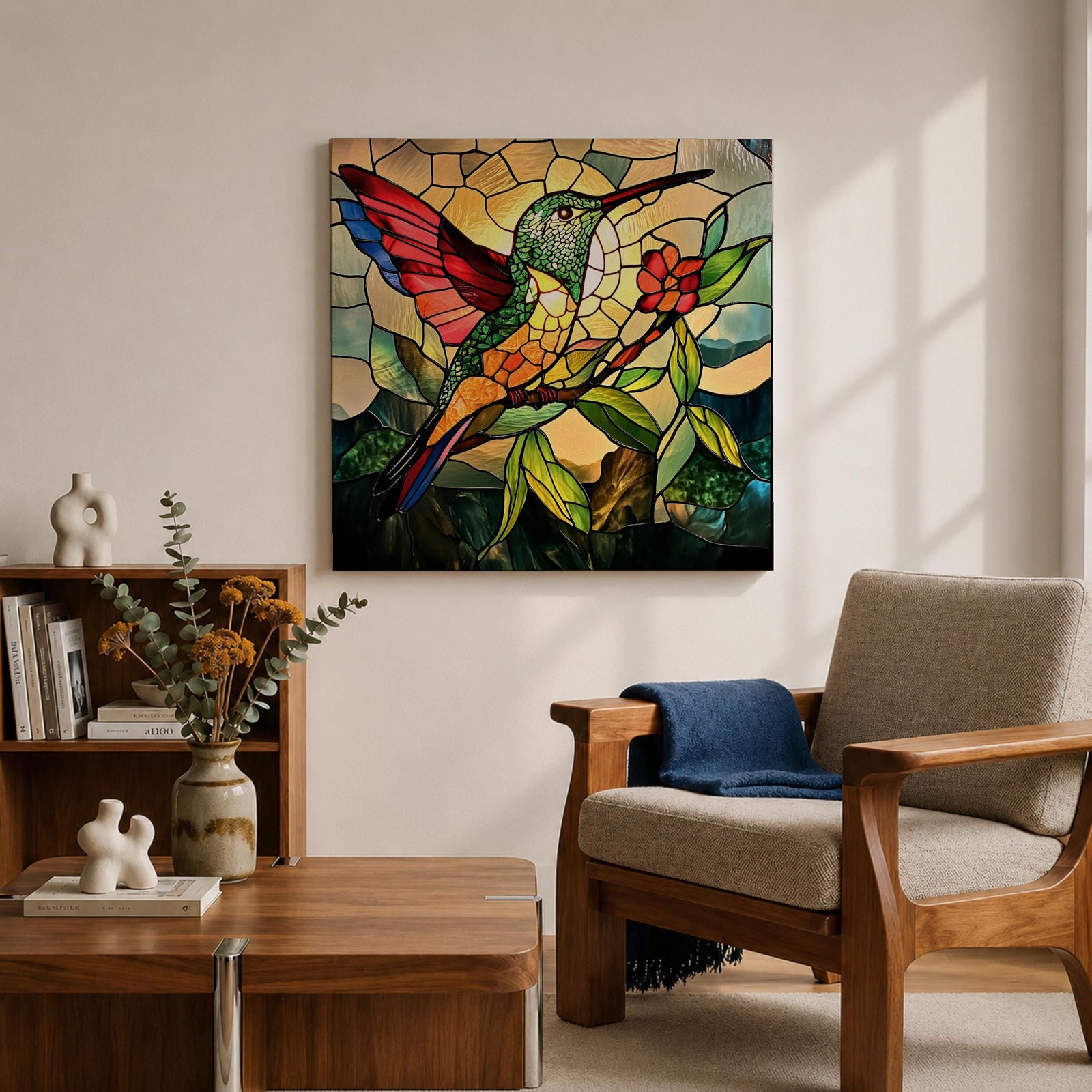 Hummingbird Wall Art Colibri Bird Framed Canvas Wildlife Stained Glass Tropical Nature Decor
