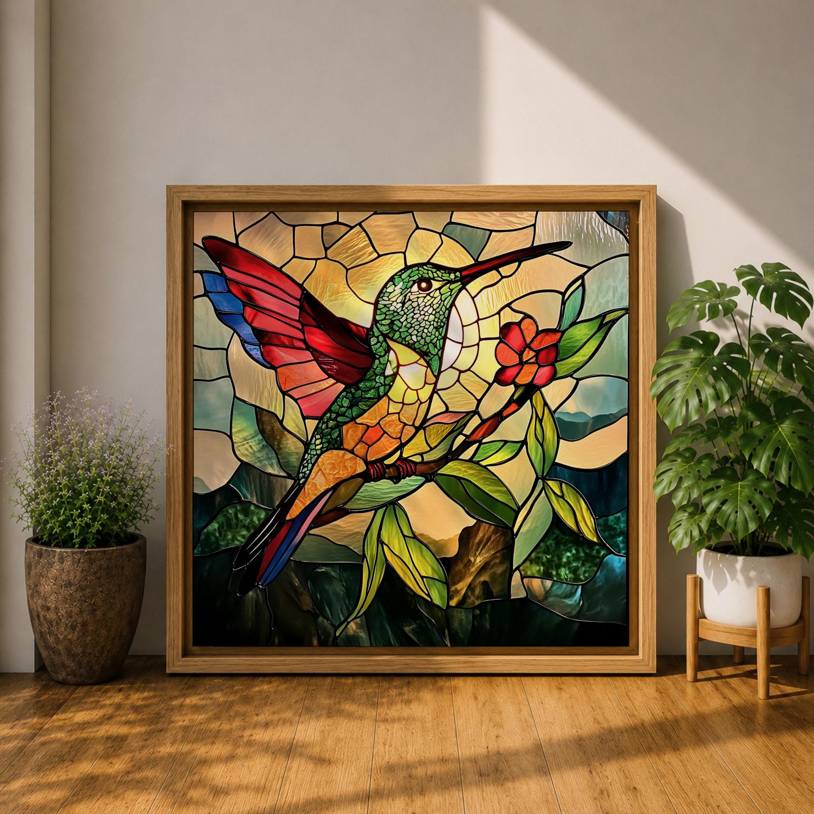 Hummingbird Wall Art Colibri Bird Framed Canvas Wildlife Stained Glass Tropical Nature Decor