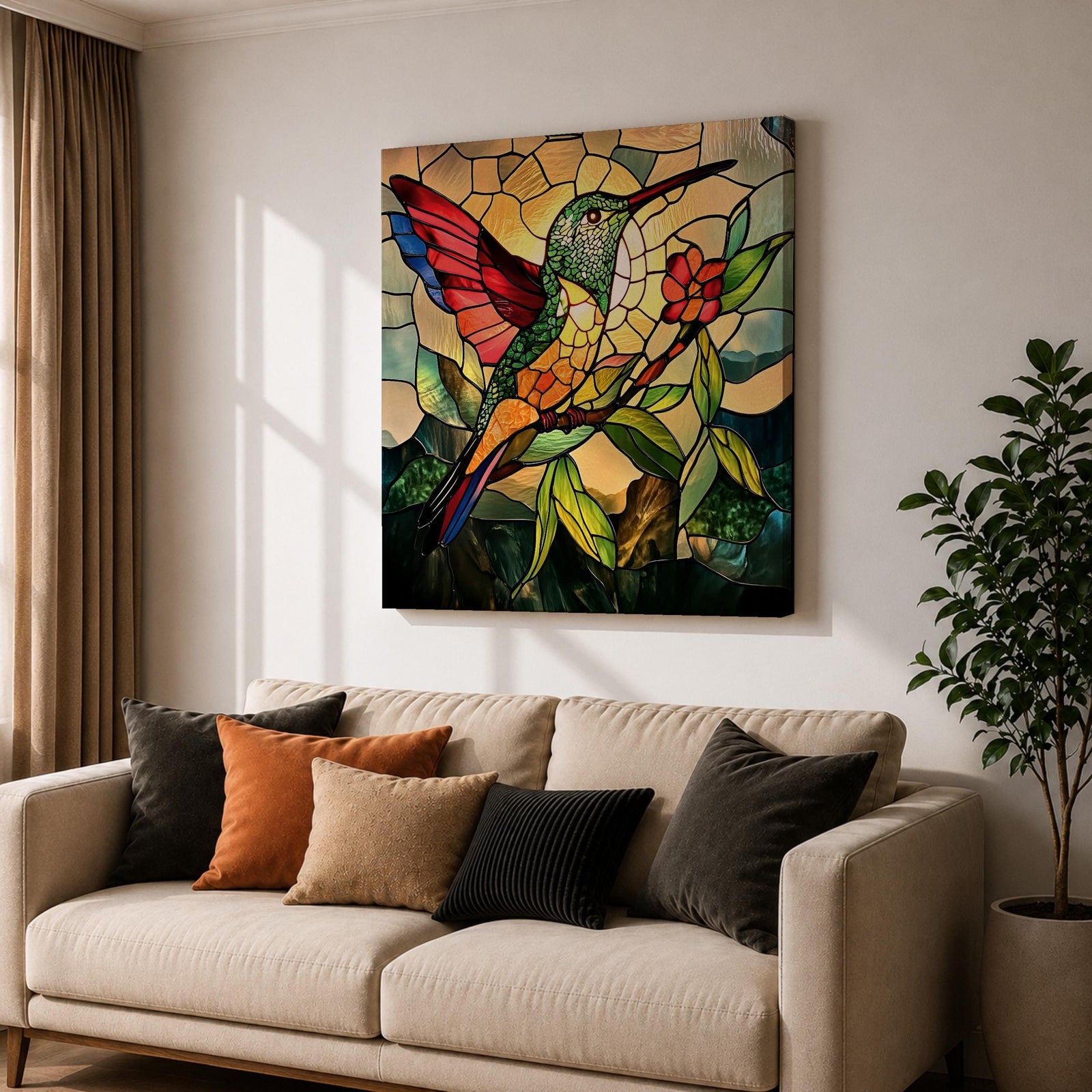 Hummingbird Wall Art Colibri Bird Framed Canvas Wildlife Stained Glass Tropical Nature Decor