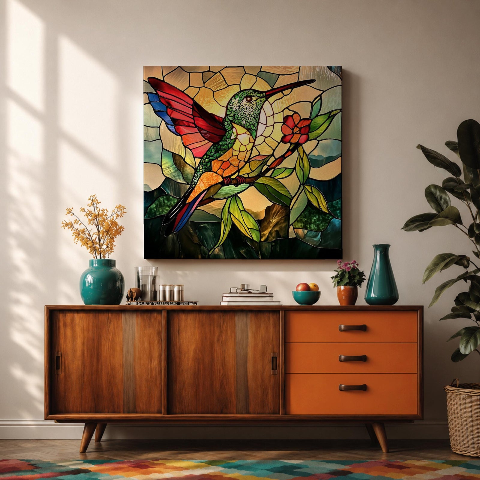 Hummingbird Wall Art Colibri Bird Framed Canvas Wildlife Stained Glass Tropical Nature Decor