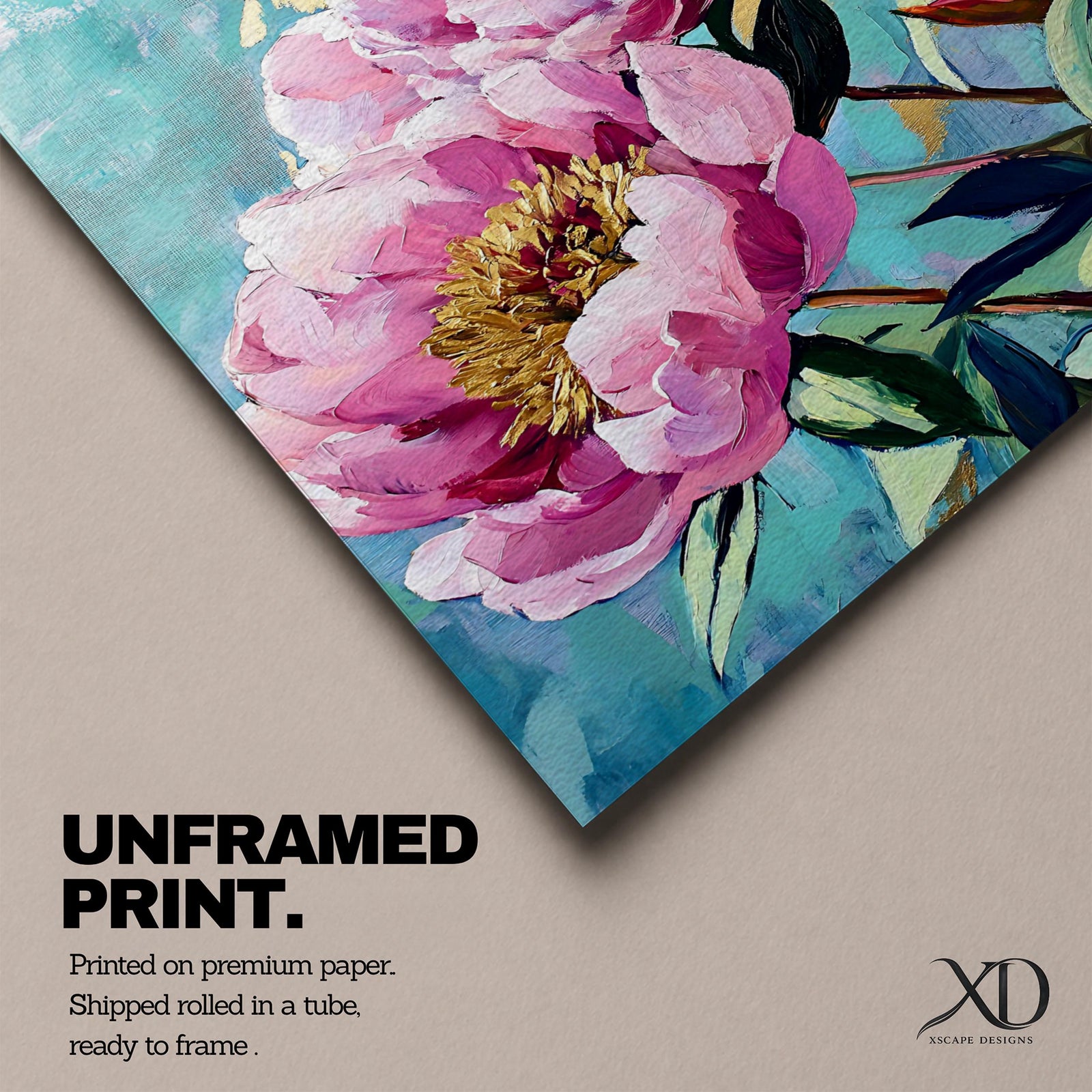 A vibrant impasto style painting of two large pink peony flowers with textured petals and golden centers set against a teal background with gold leaf accents, capturing the lush detail and depth of the floral composition.