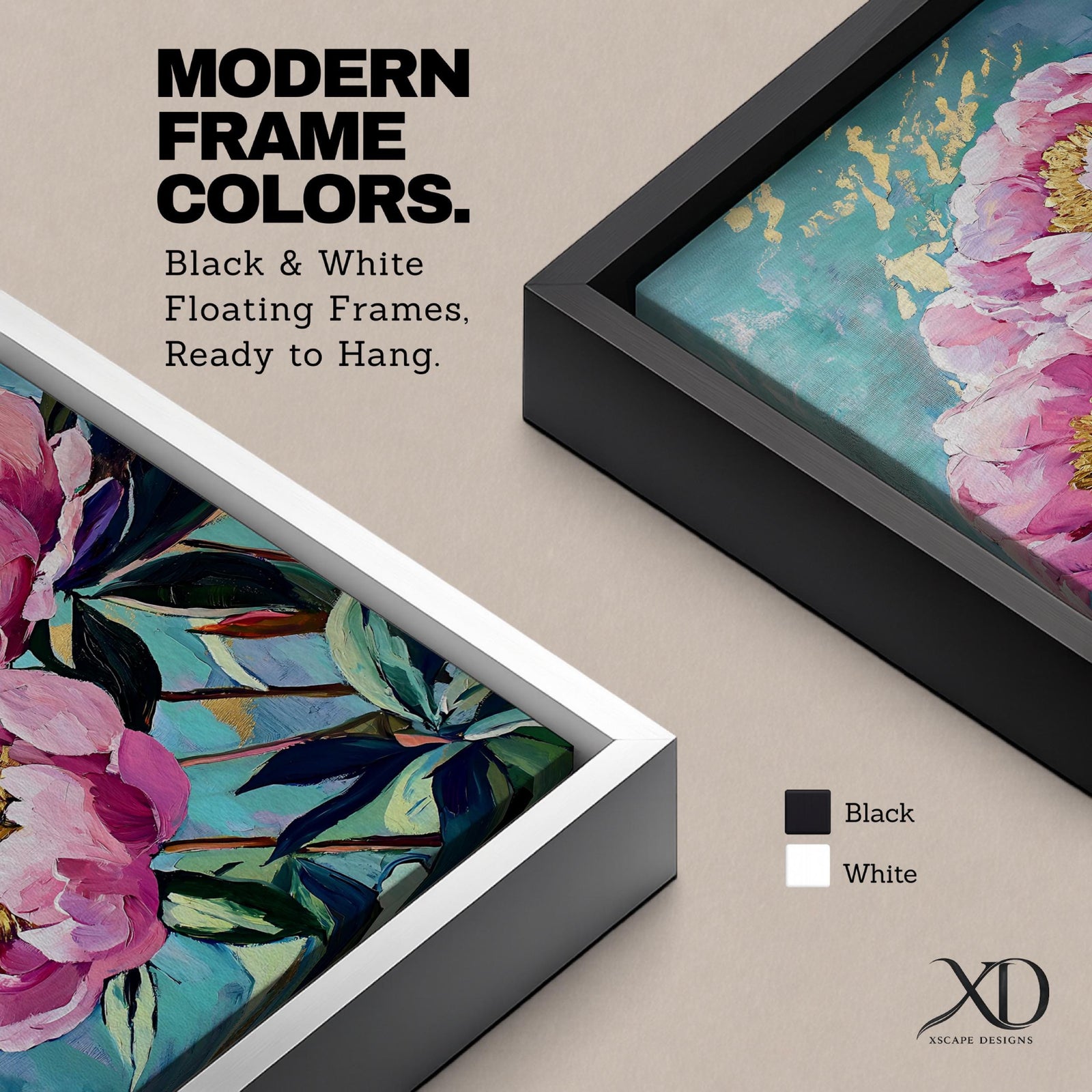 A vibrant impasto style painting of two large pink peony flowers with textured petals and golden centers set against a teal background with gold leaf accents, capturing the lush detail and depth of the floral composition.