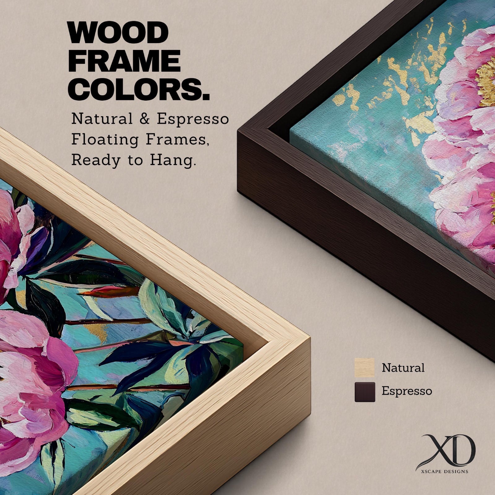 A vibrant impasto style painting of two large pink peony flowers with textured petals and golden centers set against a teal background with gold leaf accents, capturing the lush detail and depth of the floral composition.