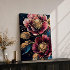 A detailed painting of two large blooming flowers with intricate petals and golden accents on dark background, featuring textured leaves and a rich botanical theme, rendered in a realistic style emphasizing natural floral beauty and elegance.