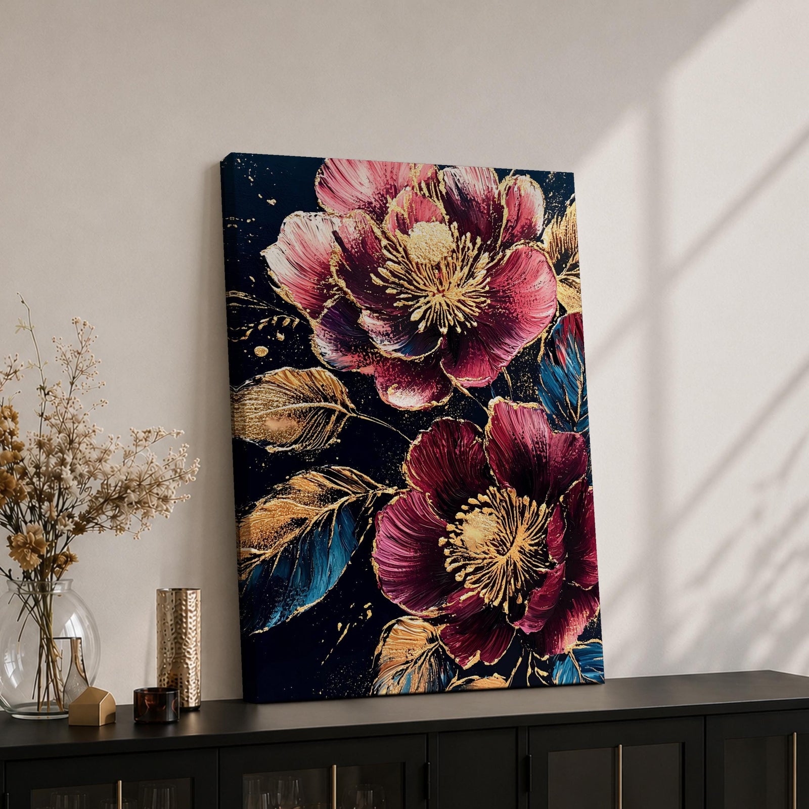 A detailed painting of two large blooming flowers with intricate petals and golden accents on dark background, featuring textured leaves and a rich botanical theme, rendered in a realistic style emphasizing natural floral beauty and elegance.