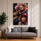 A detailed painting of two large blooming flowers with intricate petals and golden accents on dark background, featuring textured leaves and a rich botanical theme, rendered in a realistic style emphasizing natural floral beauty and elegance.