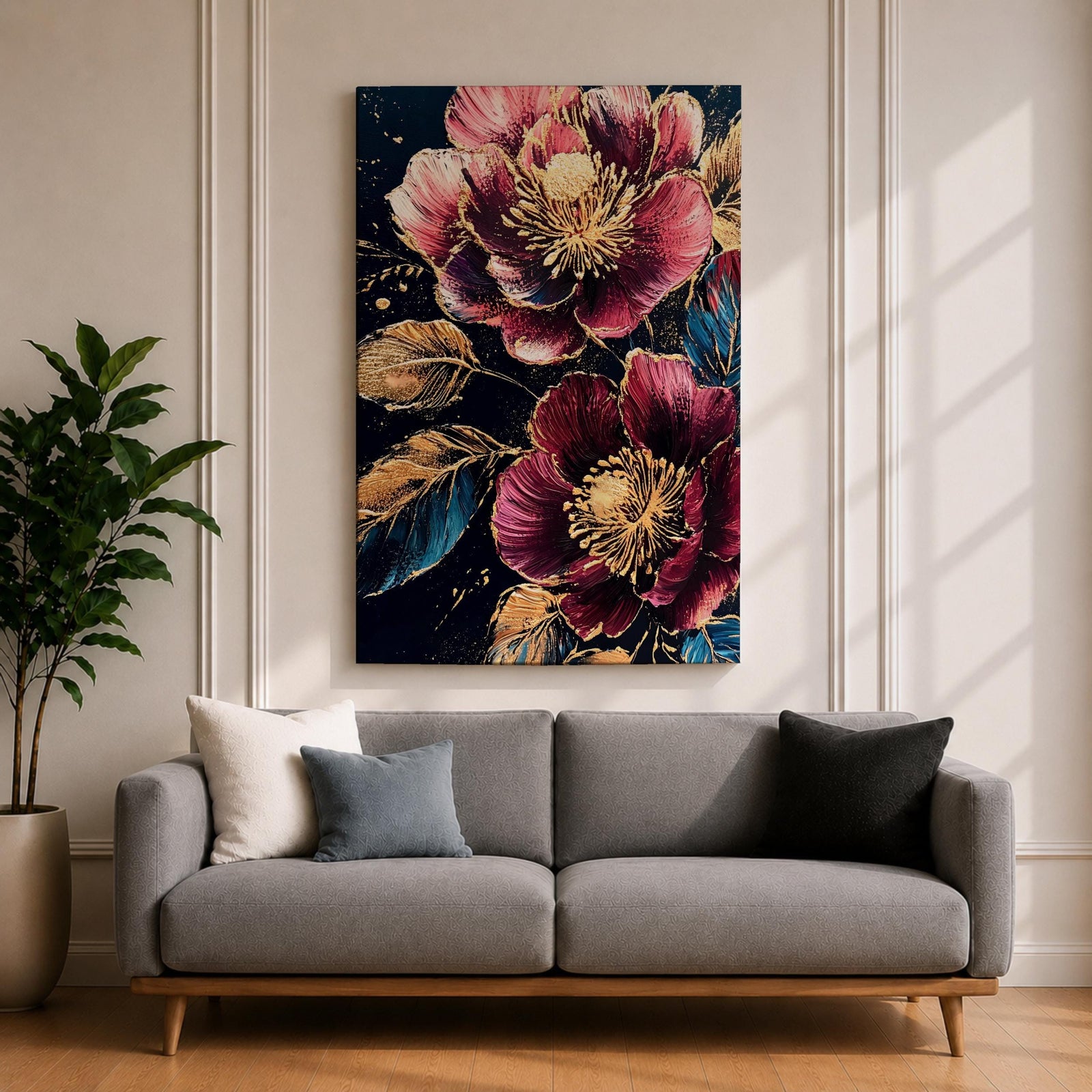 A detailed painting of two large blooming flowers with intricate petals and golden accents on dark background, featuring textured leaves and a rich botanical theme, rendered in a realistic style emphasizing natural floral beauty and elegance.
