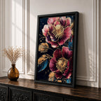 A detailed painting of two large blooming flowers with intricate petals and golden accents on dark background, featuring textured leaves and a rich botanical theme, rendered in a realistic style emphasizing natural floral beauty and elegance.