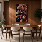 A detailed painting of two large blooming flowers with intricate petals and golden accents on dark background, featuring textured leaves and a rich botanical theme, rendered in a realistic style emphasizing natural floral beauty and elegance.