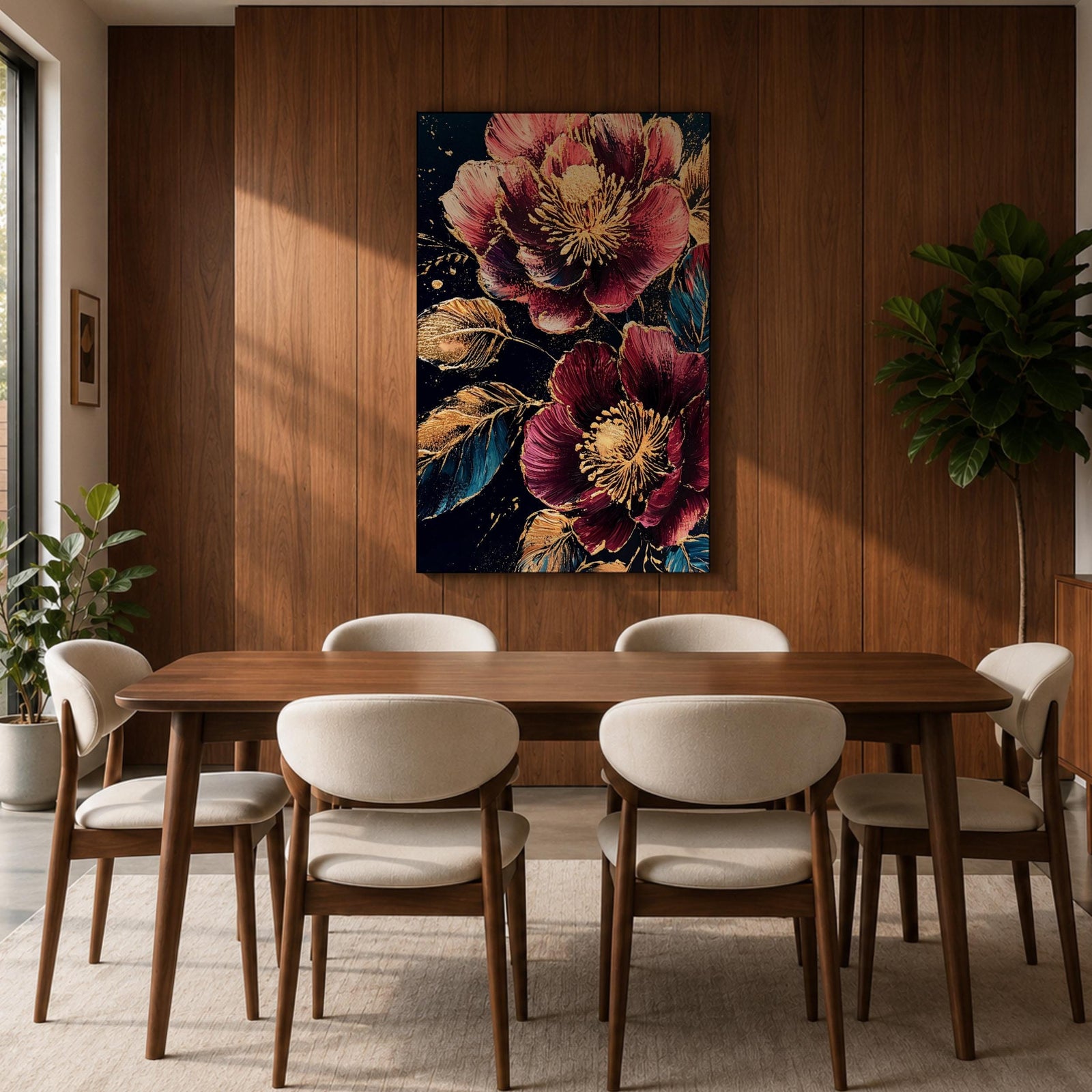 A detailed painting of two large blooming flowers with intricate petals and golden accents on dark background, featuring textured leaves and a rich botanical theme, rendered in a realistic style emphasizing natural floral beauty and elegance.