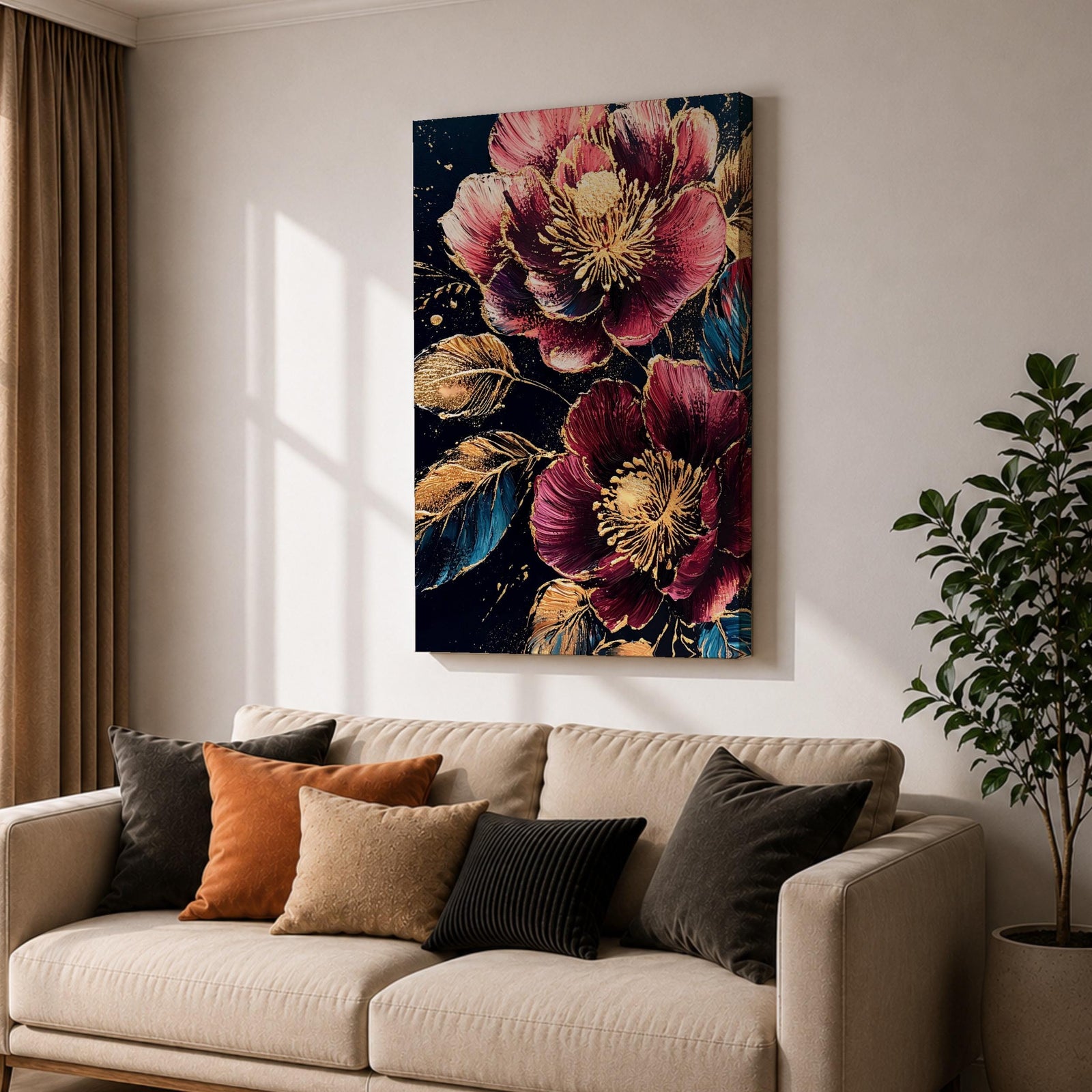 A detailed painting of two large blooming flowers with intricate petals and golden accents on dark background, featuring textured leaves and a rich botanical theme, rendered in a realistic style emphasizing natural floral beauty and elegance.