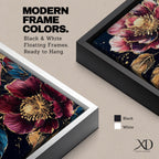 A detailed painting of two large blooming flowers with intricate petals and golden accents on dark background, featuring textured leaves and a rich botanical theme, rendered in a realistic style emphasizing natural floral beauty and elegance.