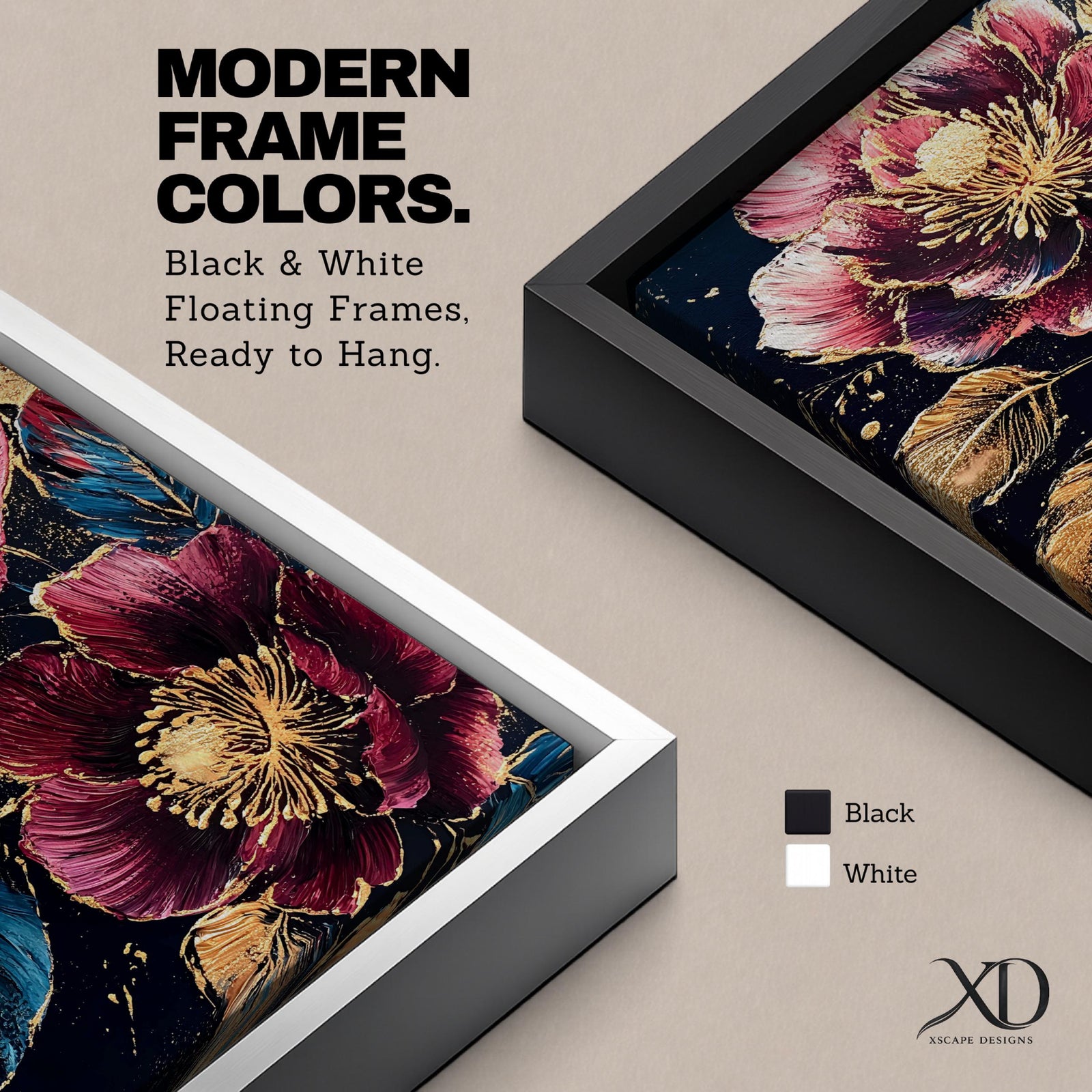 A detailed painting of two large blooming flowers with intricate petals and golden accents on dark background, featuring textured leaves and a rich botanical theme, rendered in a realistic style emphasizing natural floral beauty and elegance.
