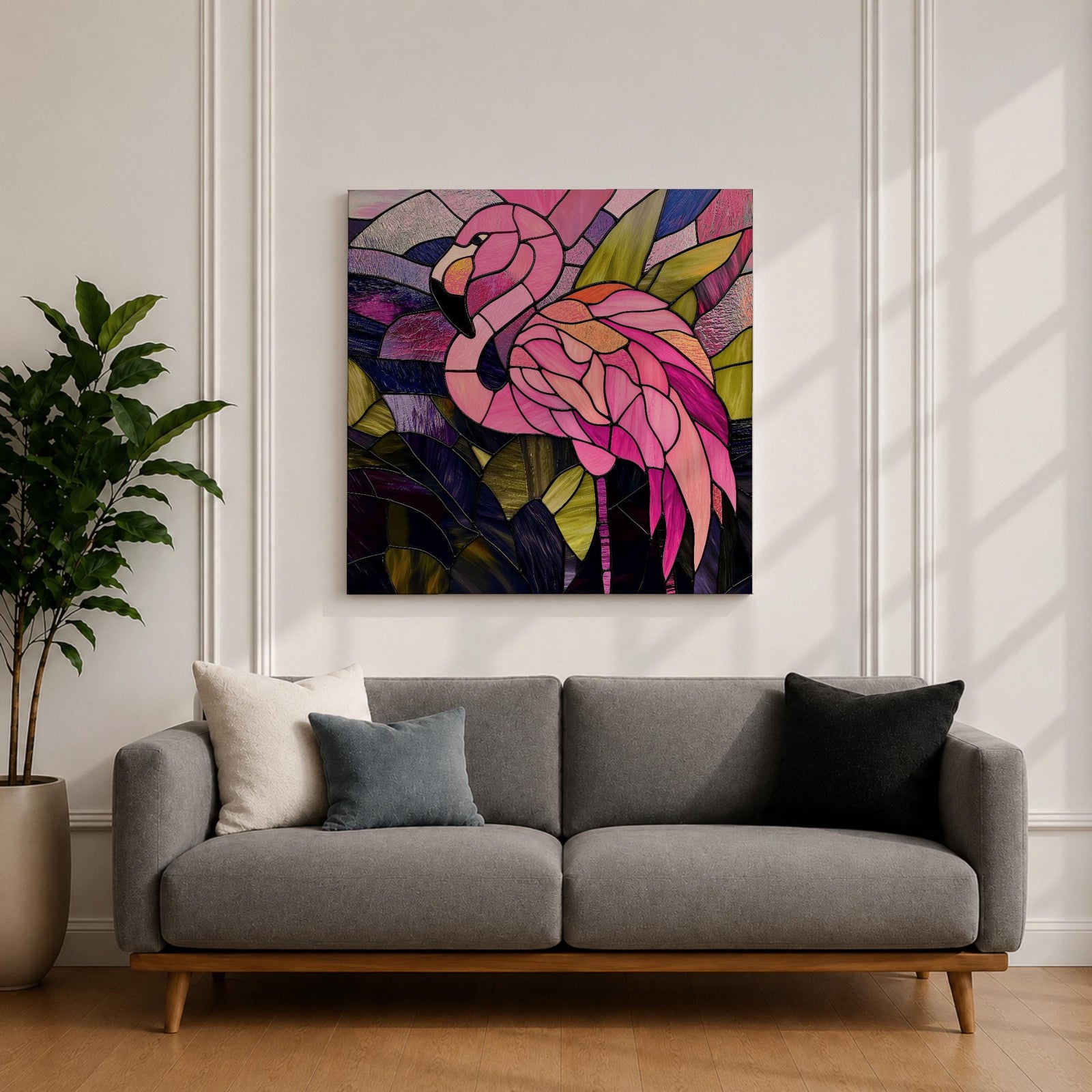 Flamingo Wall Art Tropical Lagoon Framed Canvas Stained Glass Exotic Animal Coastal Decor