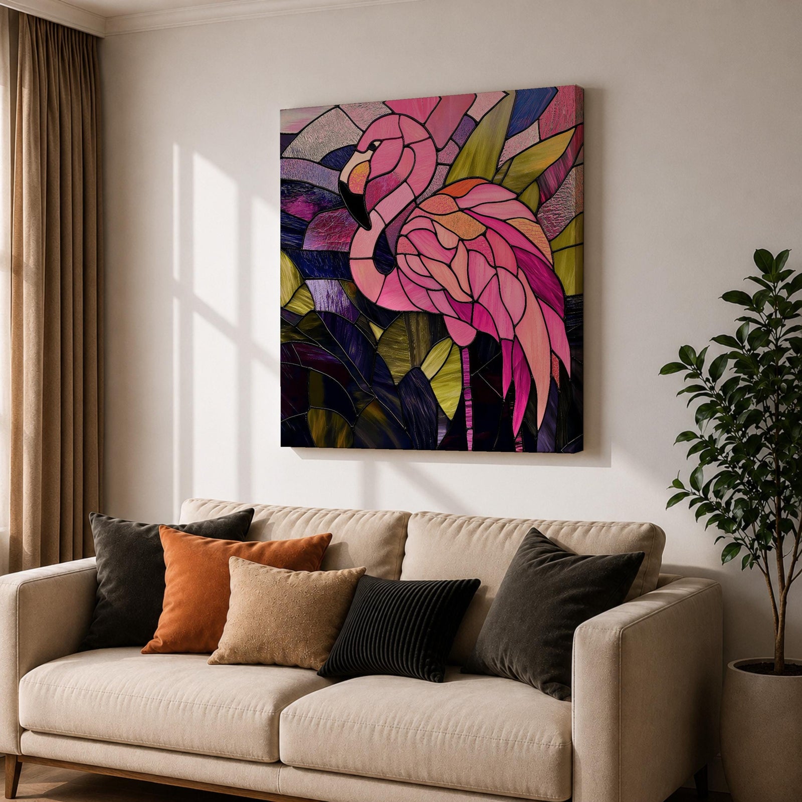 Flamingo Wall Art Tropical Lagoon Framed Canvas Stained Glass Exotic Animal Coastal Decor