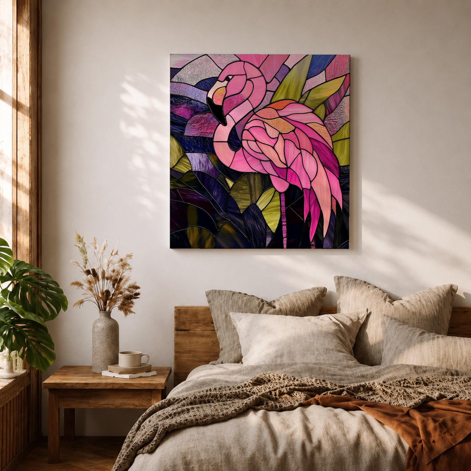 Flamingo Wall Art Tropical Lagoon Framed Canvas Stained Glass Exotic Animal Coastal Decor