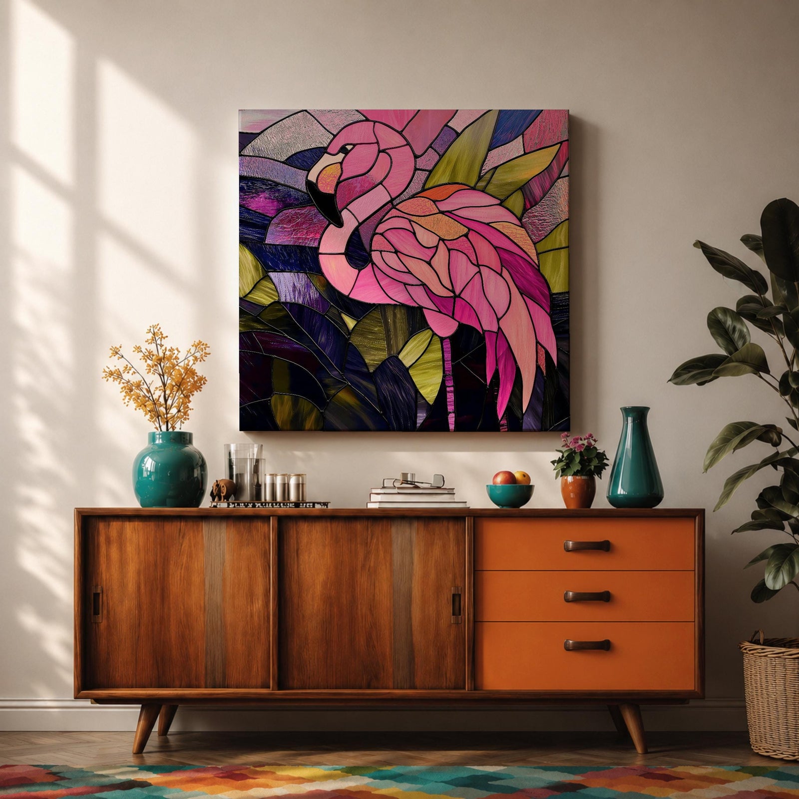 Flamingo Wall Art Tropical Lagoon Framed Canvas Stained Glass Exotic Animal Coastal Decor