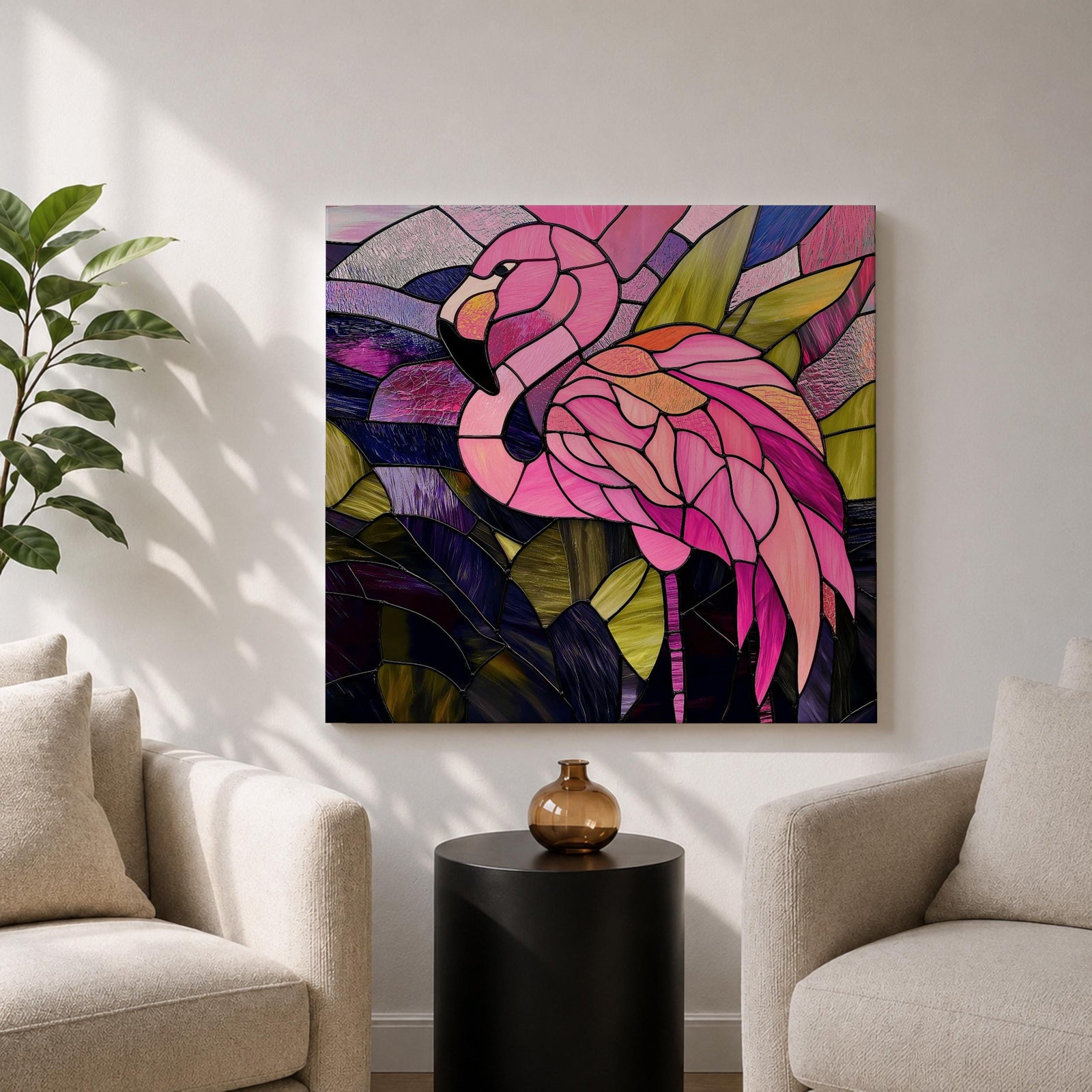 Flamingo Wall Art Tropical Lagoon Framed Canvas Stained Glass Exotic Animal Coastal Decor