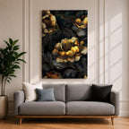A detailed framed canvas artwork featuring large peony flowers with intricate petals and leaves in a botanical floral style. The composition highlights the natural form of peonies with a dark background that enhances the floral elements, creating a striking and elegant floral piece.