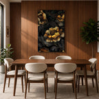 A detailed framed canvas artwork featuring large peony flowers with intricate petals and leaves in a botanical floral style. The composition highlights the natural form of peonies with a dark background that enhances the floral elements, creating a striking and elegant floral piece.