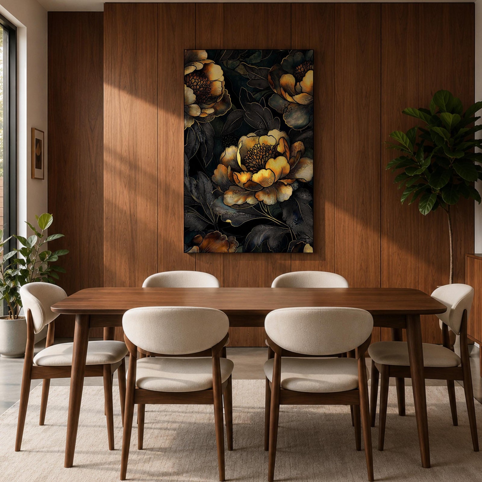 A detailed framed canvas artwork featuring large peony flowers with intricate petals and leaves in a botanical floral style. The composition highlights the natural form of peonies with a dark background that enhances the floral elements, creating a striking and elegant floral piece.