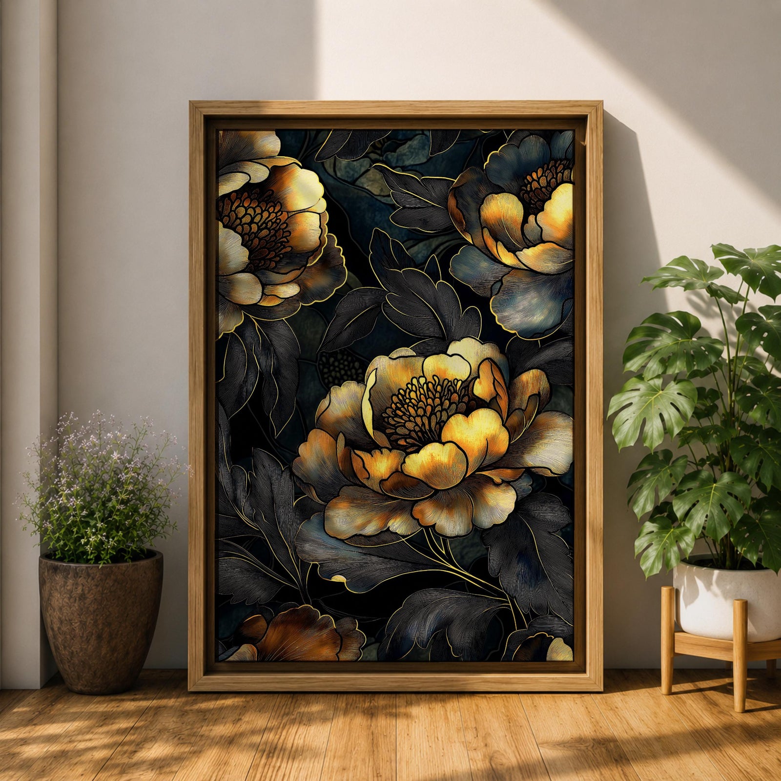 A detailed framed canvas artwork featuring large peony flowers with intricate petals and leaves in a botanical floral style. The composition highlights the natural form of peonies with a dark background that enhances the floral elements, creating a striking and elegant floral piece.