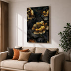 A detailed framed canvas artwork featuring large peony flowers with intricate petals and leaves in a botanical floral style. The composition highlights the natural form of peonies with a dark background that enhances the floral elements, creating a striking and elegant floral piece.