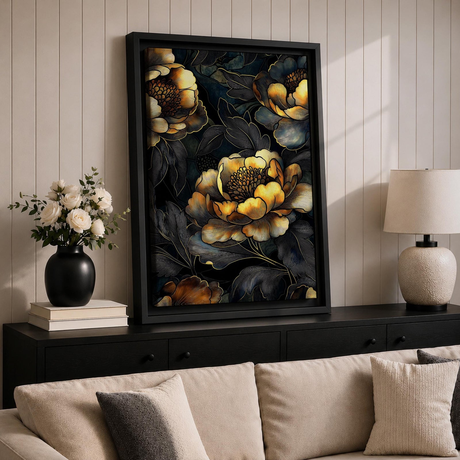A detailed framed canvas artwork featuring large peony flowers with intricate petals and leaves in a botanical floral style. The composition highlights the natural form of peonies with a dark background that enhances the floral elements, creating a striking and elegant floral piece.