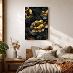A detailed framed canvas artwork featuring large peony flowers with intricate petals and leaves in a botanical floral style. The composition highlights the natural form of peonies with a dark background that enhances the floral elements, creating a striking and elegant floral piece.