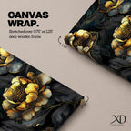 A detailed framed canvas artwork featuring large peony flowers with intricate petals and leaves in a botanical floral style. The composition highlights the natural form of peonies with a dark background that enhances the floral elements, creating a striking and elegant floral piece.