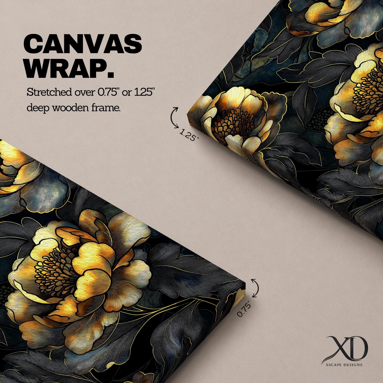 A detailed framed canvas artwork featuring large peony flowers with intricate petals and leaves in a botanical floral style. The composition highlights the natural form of peonies with a dark background that enhances the floral elements, creating a striking and elegant floral piece.