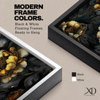 A detailed framed canvas artwork featuring large peony flowers with intricate petals and leaves in a botanical floral style. The composition highlights the natural form of peonies with a dark background that enhances the floral elements, creating a striking and elegant floral piece.