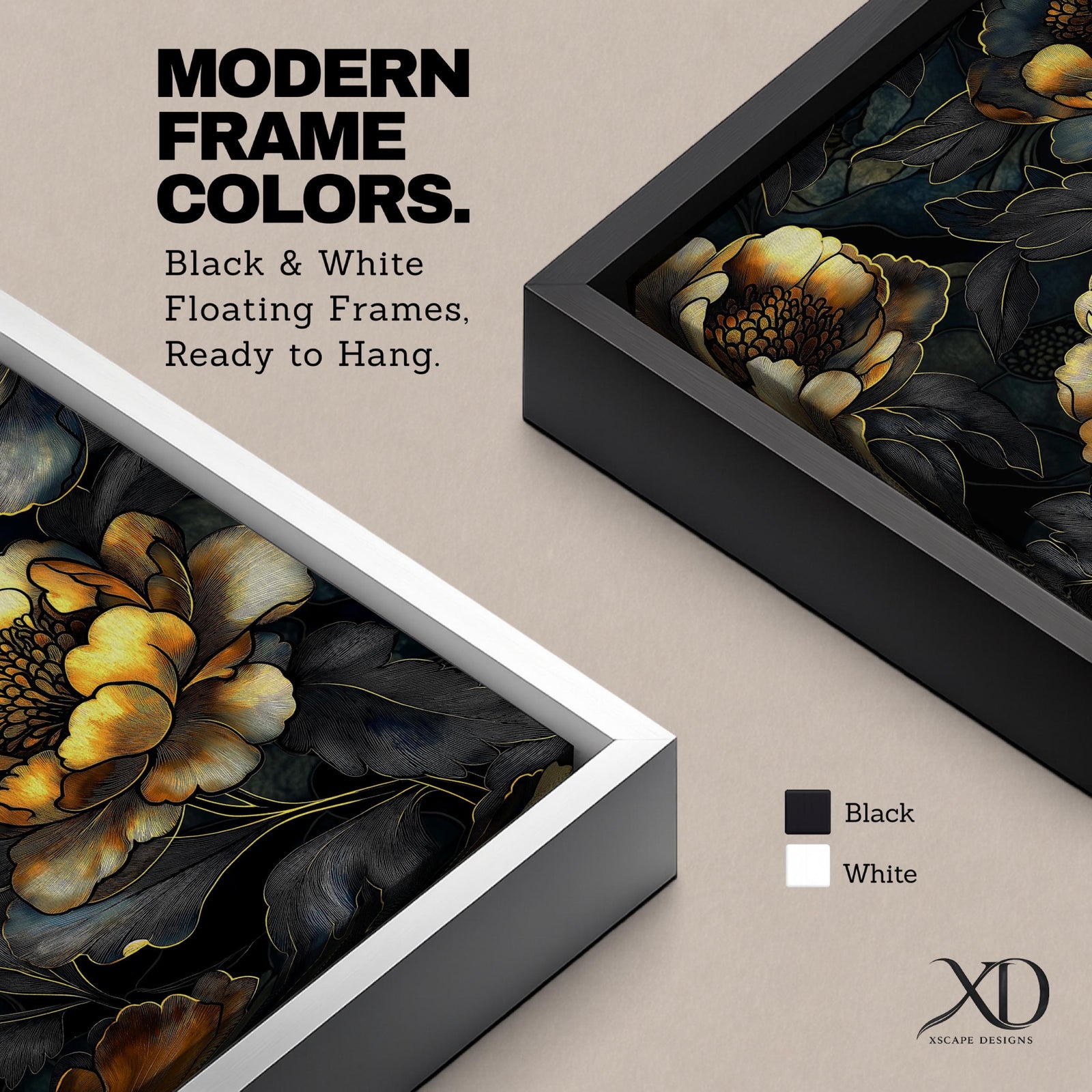 A detailed framed canvas artwork featuring large peony flowers with intricate petals and leaves in a botanical floral style. The composition highlights the natural form of peonies with a dark background that enhances the floral elements, creating a striking and elegant floral piece.