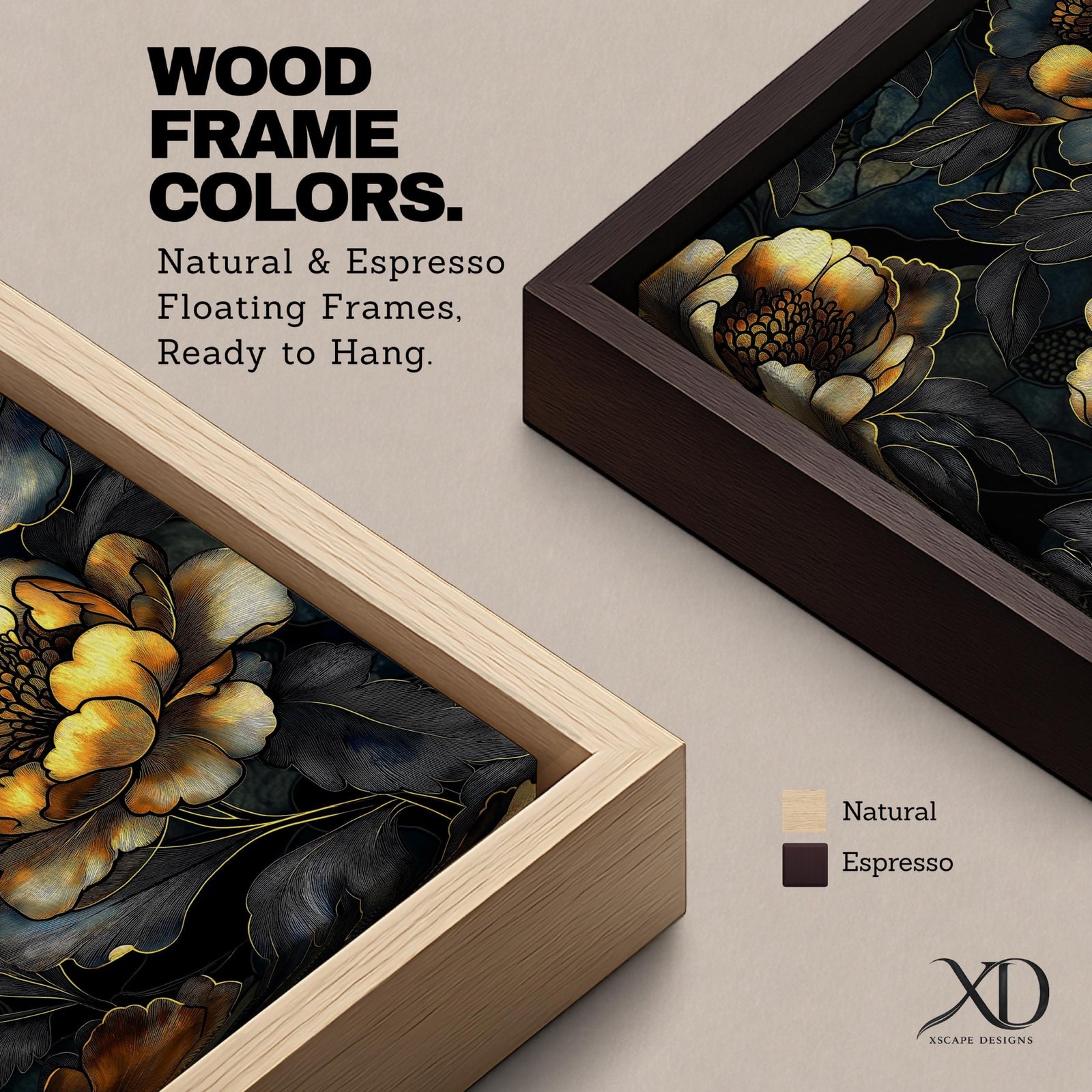 A detailed framed canvas artwork featuring large peony flowers with intricate petals and leaves in a botanical floral style. The composition highlights the natural form of peonies with a dark background that enhances the floral elements, creating a striking and elegant floral piece.