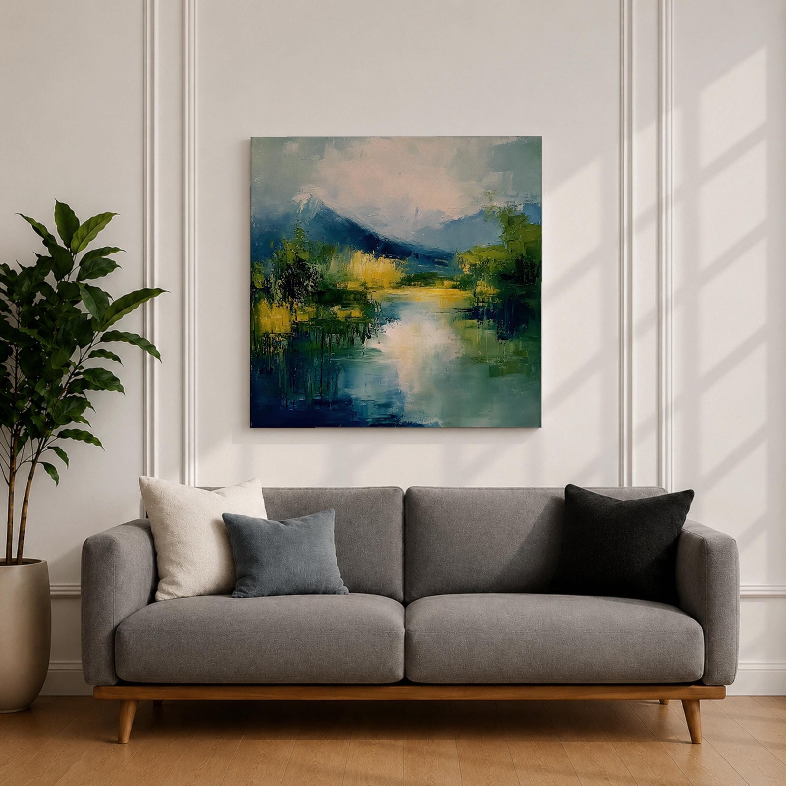 Mountain Lake Wall Art Alpine Landscape Framed Canvas Serene Impasto Rustic Cabin Home Decor