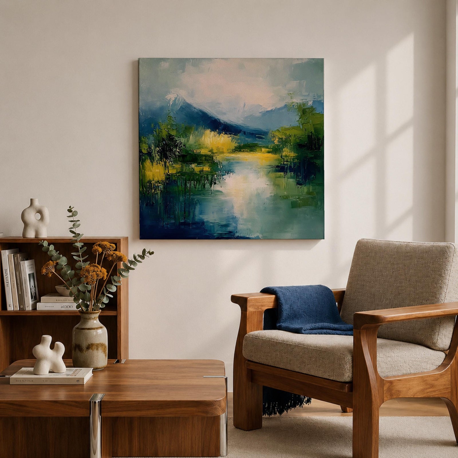 Mountain Lake Wall Art Alpine Landscape Framed Canvas Serene Impasto Rustic Cabin Home Decor