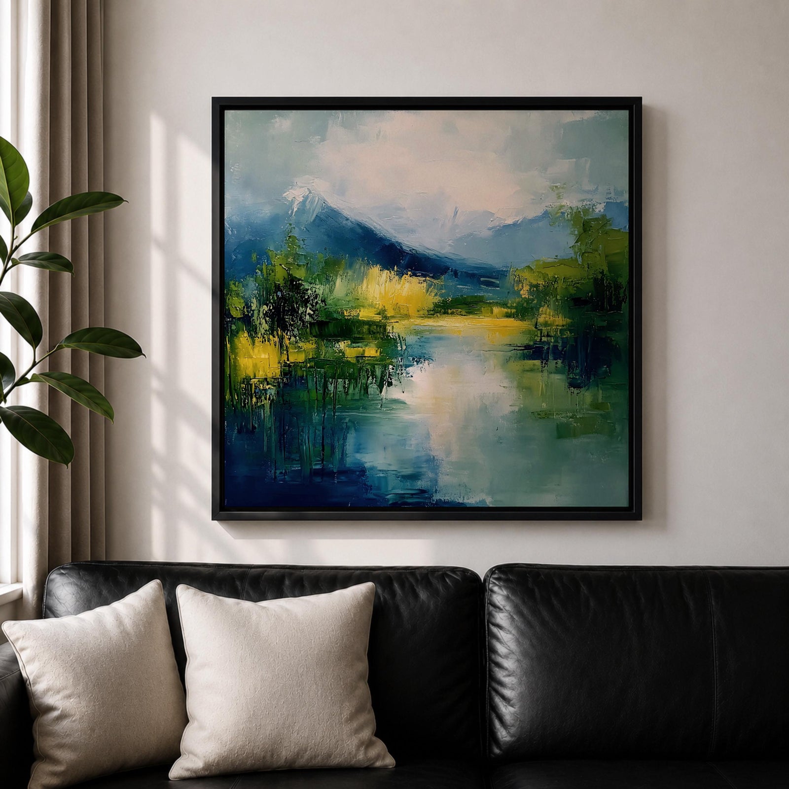Mountain Lake Wall Art Alpine Landscape Framed Canvas Serene Impasto Rustic Cabin Home Decor