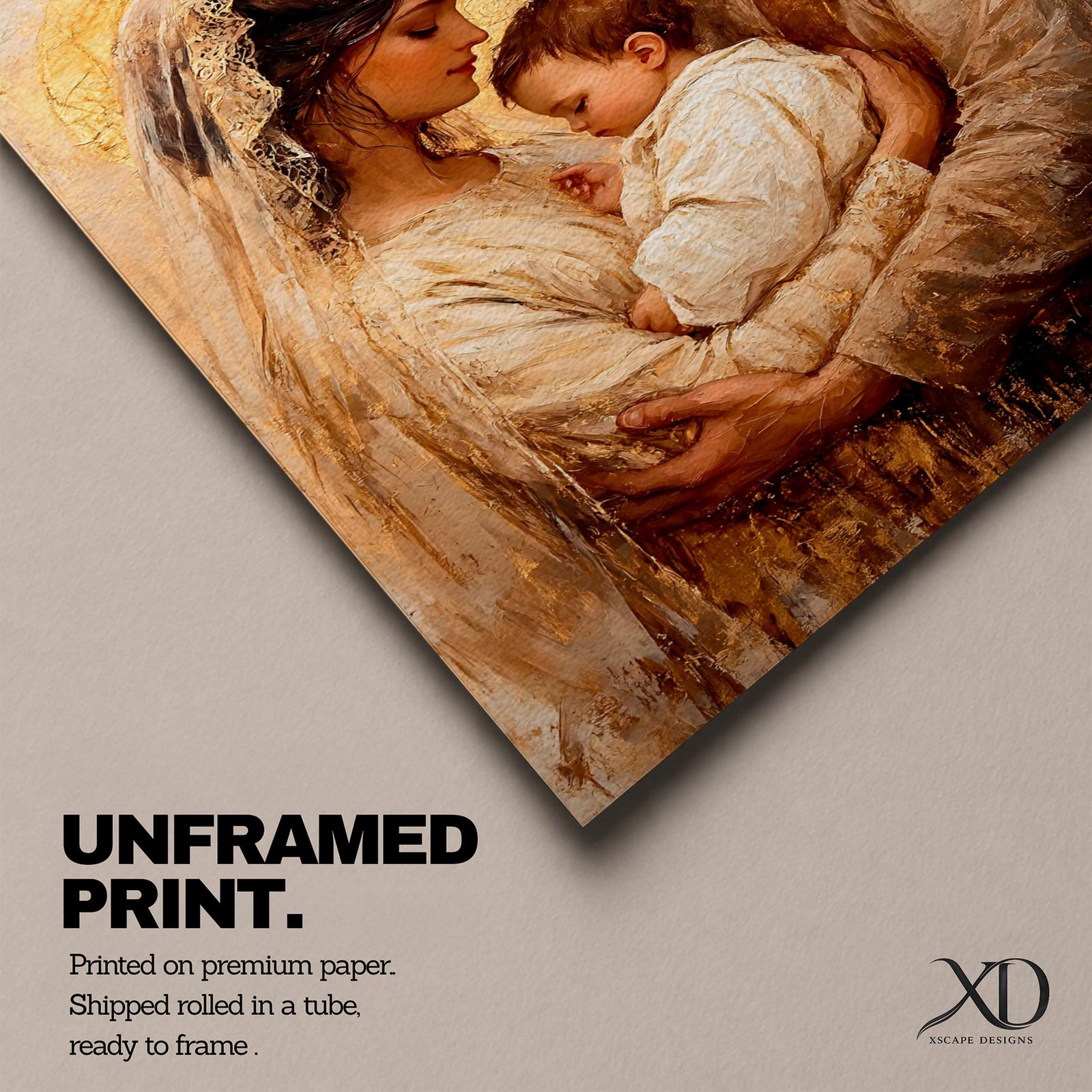 Devotional painting of the Holy Family showing Mary and Joseph gently holding baby Jesus while their heads lean together in a tender embrace. Soft golden halos glow behind the figures as warm earth tones and delicate brushwork create an intimate vintage style Christian portrait focused on the sacred family bond.