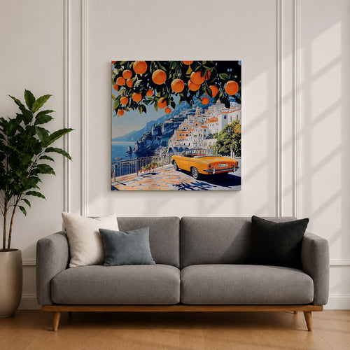 Amalfi Coast Orange Tree Wall Art Mediterranean Italy Framed Canvas Retro Coastal Landscape Decor