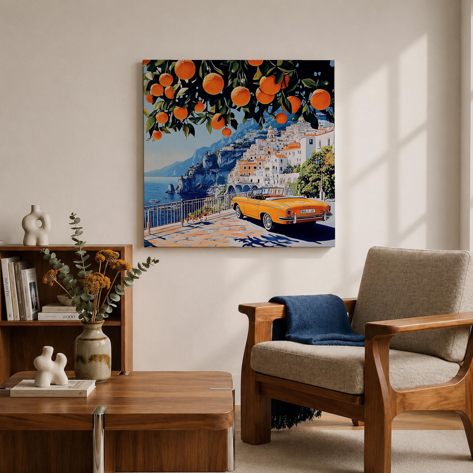 Amalfi Coast Orange Tree Wall Art Mediterranean Italy Framed Canvas Retro Coastal Landscape Decor