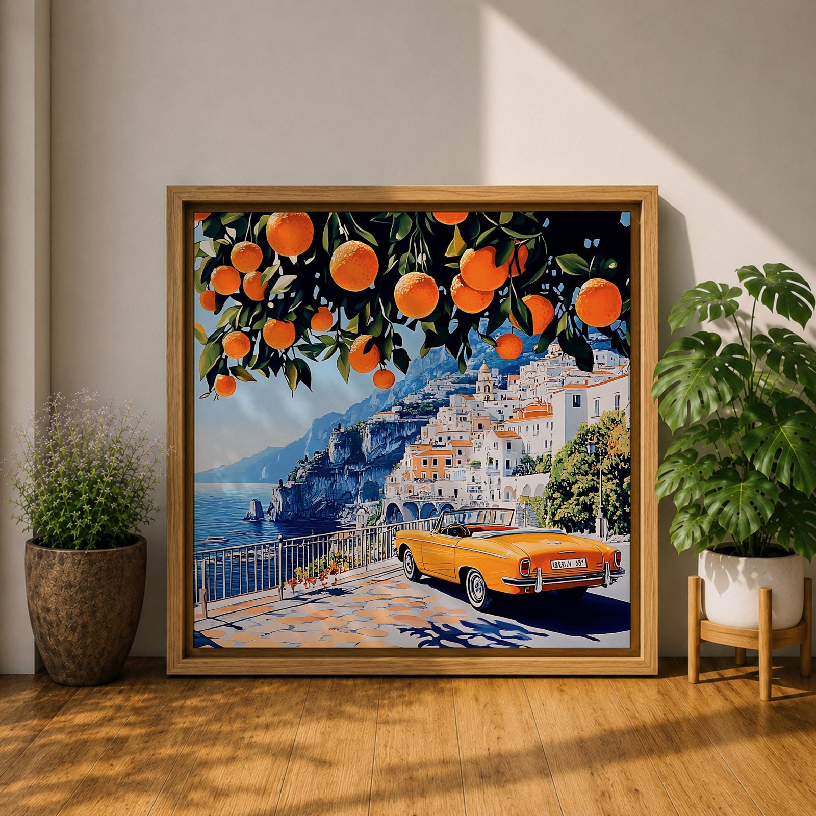 Amalfi Coast Orange Tree Wall Art Mediterranean Italy Framed Canvas Retro Coastal Landscape Decor