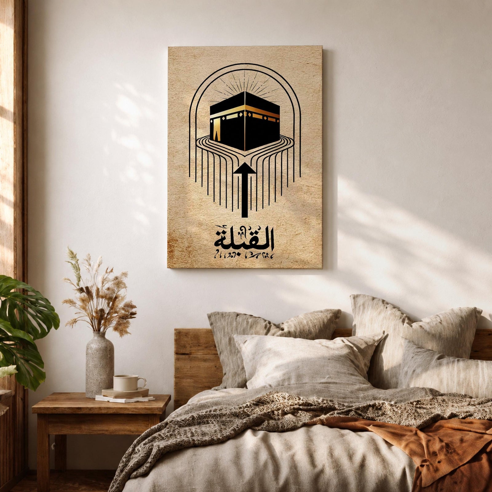 Minimalist Islamic artwork showing the Kaaba with flowing directional lines pointing toward it to symbolize the Qibla prayer direction, featuring Arabic calligraphy reading “Al-Qibla” beneath the geometric design, rendered in black and gold tones on a warm sepia parchment-style background.
