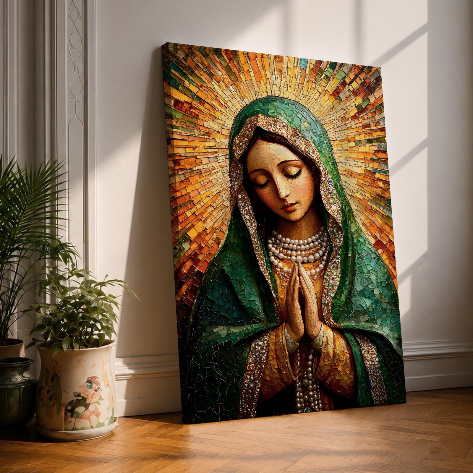 Mosaic style portrait of Our Lady of Guadalupe with hands clasped in prayer, wearing a green mantle and pearl adorned garments while radiant golden rays form a halo behind her head. The composition uses detailed mosaic tile textures to create the Virgin Mary’s serene expression in a traditional Catholic devotional portrait.