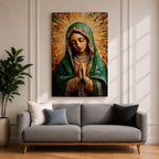 Mosaic style portrait of Our Lady of Guadalupe with hands clasped in prayer, wearing a green mantle and pearl adorned garments while radiant golden rays form a halo behind her head. The composition uses detailed mosaic tile textures to create the Virgin Mary’s serene expression in a traditional Catholic devotional portrait.