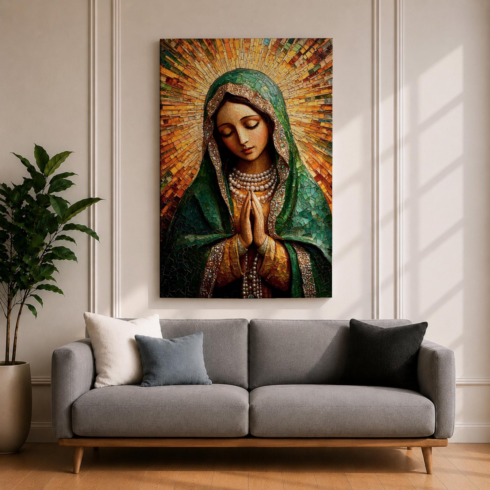 Mosaic style portrait of Our Lady of Guadalupe with hands clasped in prayer, wearing a green mantle and pearl adorned garments while radiant golden rays form a halo behind her head. The composition uses detailed mosaic tile textures to create the Virgin Mary’s serene expression in a traditional Catholic devotional portrait.