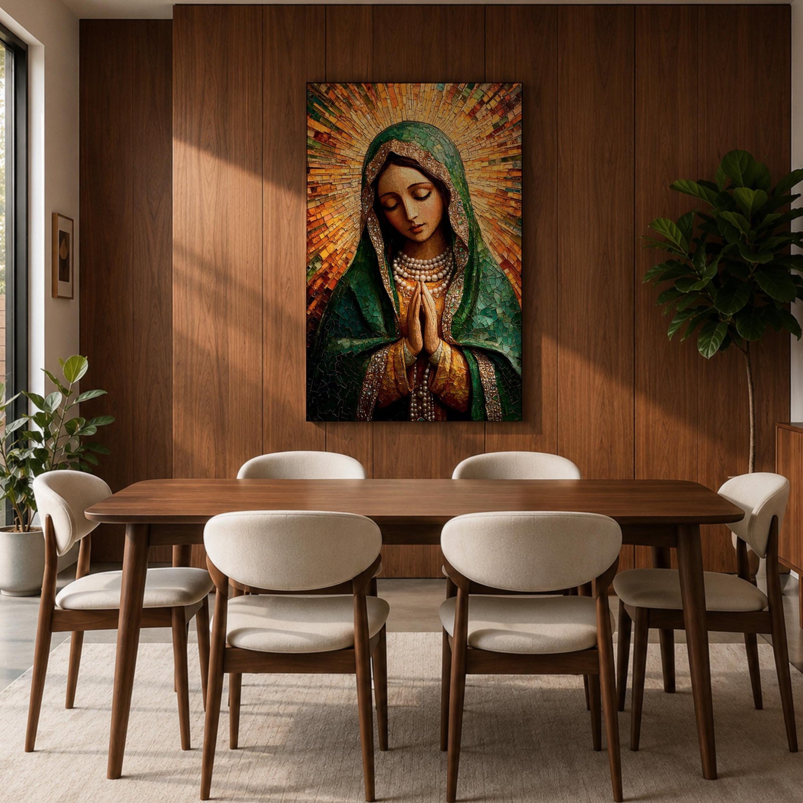 Mosaic style portrait of Our Lady of Guadalupe with hands clasped in prayer, wearing a green mantle and pearl adorned garments while radiant golden rays form a halo behind her head. The composition uses detailed mosaic tile textures to create the Virgin Mary’s serene expression in a traditional Catholic devotional portrait.