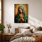 Mosaic style portrait of Our Lady of Guadalupe with hands clasped in prayer, wearing a green mantle and pearl adorned garments while radiant golden rays form a halo behind her head. The composition uses detailed mosaic tile textures to create the Virgin Mary’s serene expression in a traditional Catholic devotional portrait.