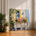 Mediterranean Balcony Wall Art Tuscan Terrace Framed Canvas Rustic Floral Boho Garden Decor