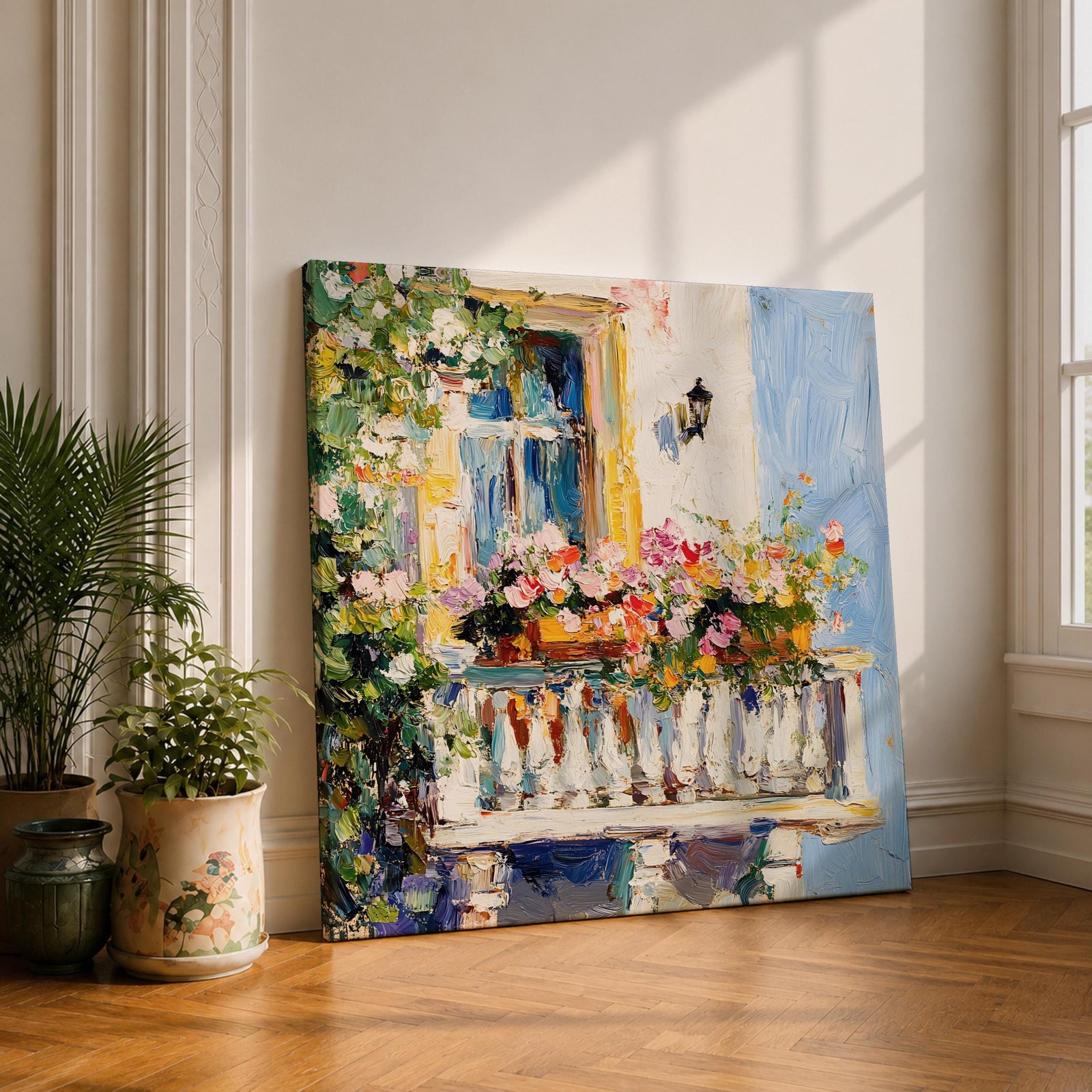 Mediterranean Balcony Wall Art Tuscan Terrace Framed Canvas Rustic Floral Boho Garden Decor