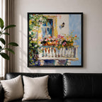 Mediterranean Balcony Wall Art Tuscan Terrace Framed Canvas Rustic Floral Boho Garden Decor